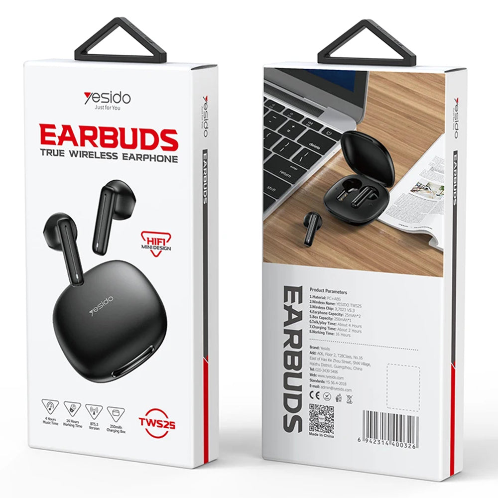 Casti Yesido (TWS25), with Microphone, Bluetooth V5.3, Touch Control, Half-In-ear Design, 250mAh, Negru