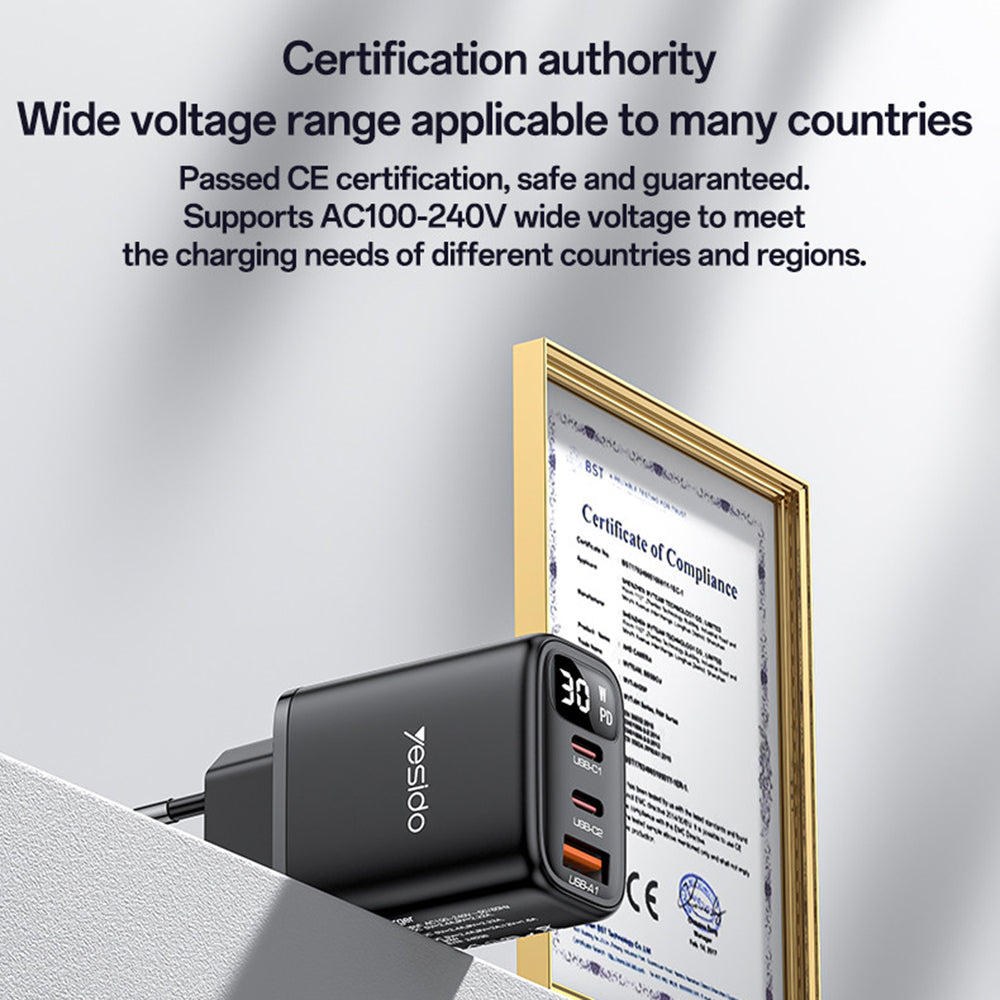Incarcator Yesido (YC69), with Digital Display, Fast Charge, for Phone, Tablet, Laptop, USB, 2x Type-C, 30W, Negru