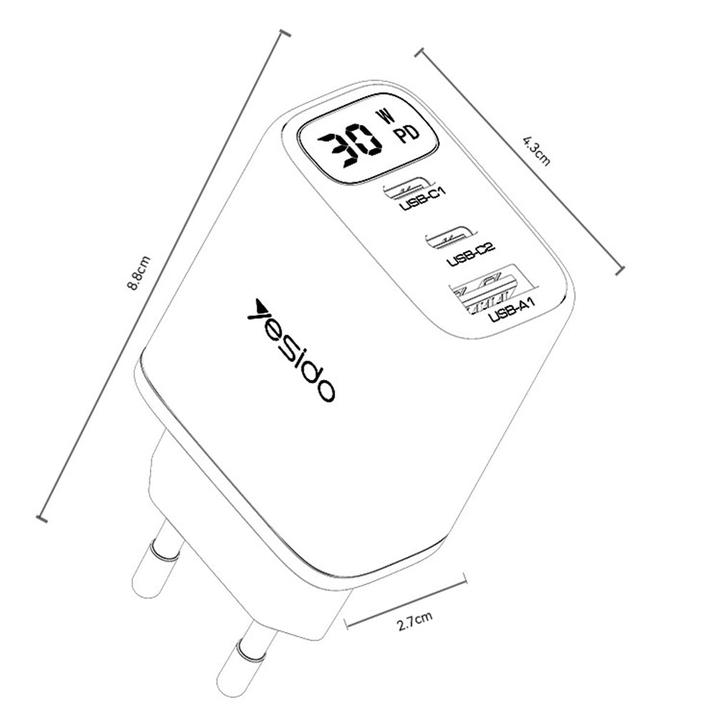 Incarcator Yesido (YC69), with Digital Display, Fast Charge, for Phone, Tablet, Laptop, USB, 2x Type-C, 30W, Negru