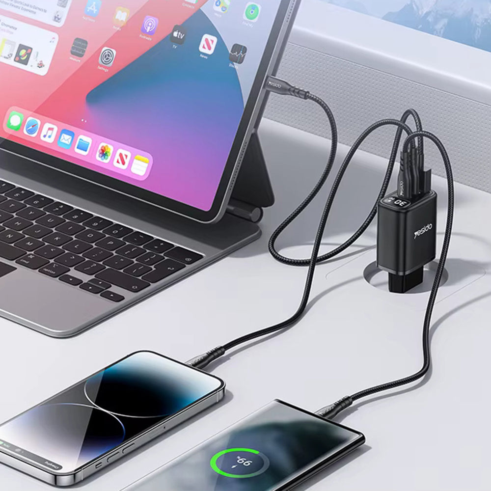 Incarcator Yesido (YC69), with Digital Display, Fast Charge, for Phone, Tablet, Laptop, USB, 2x Type-C, 30W, Negru