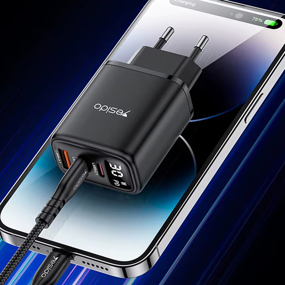 Incarcator Yesido (YC69), with Digital Display, Fast Charge, for Phone, Tablet, Laptop, USB, 2x Type-C, 30W, Negru