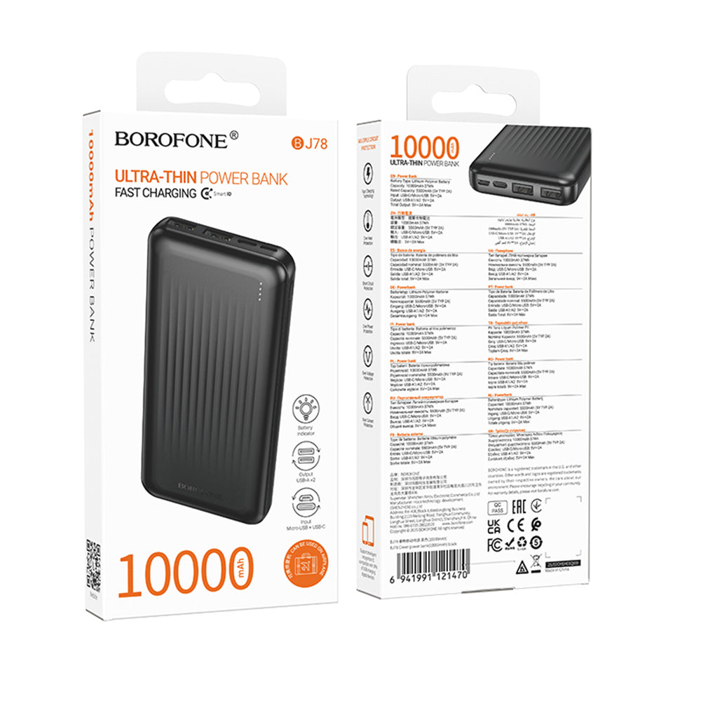 Baterie externa Borofone Clever Series (BJ78), 2x USB, USB-C, Micro-USB, LED Indicator, Fast Charge, 10000mAh, Negru