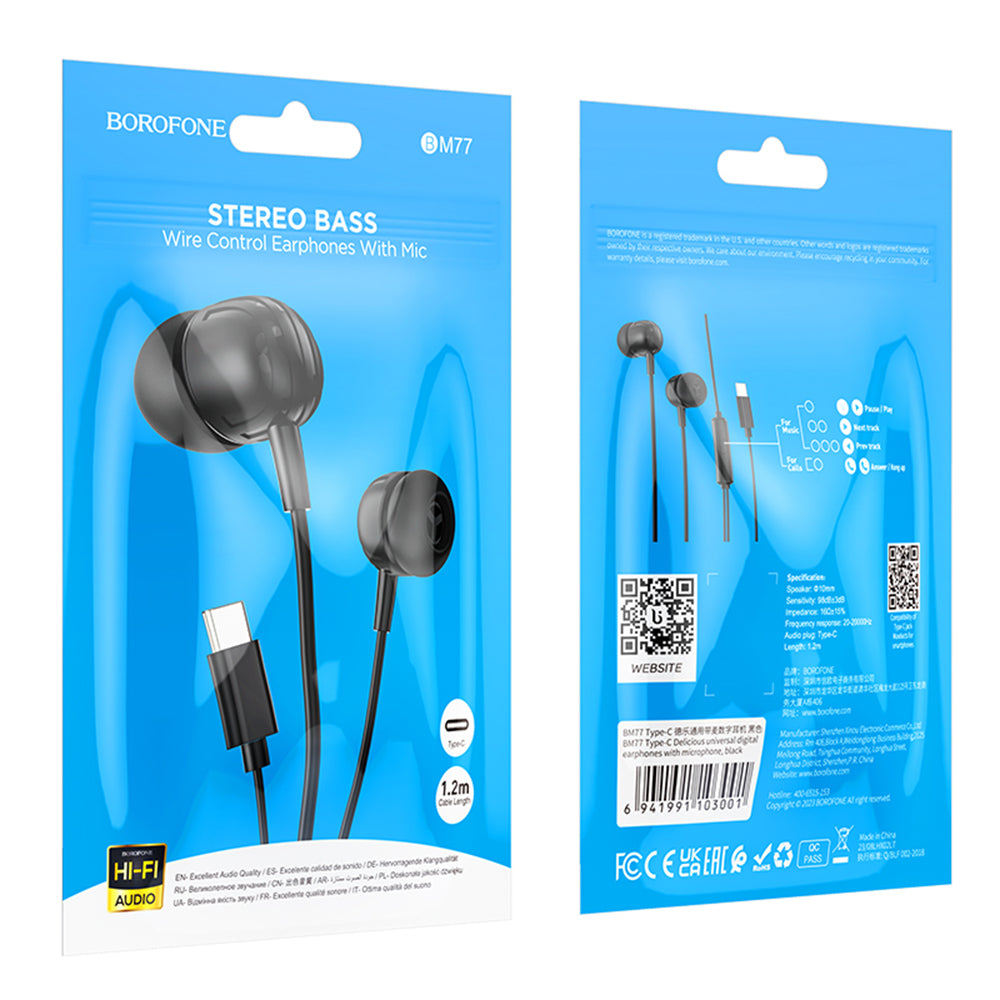 Casti Borofone Wired Earphones Delicious (BM77), Type-C, with Microphone, Stereo Bass, Hi-Fi Audio, Universal, 1.2m, Negru