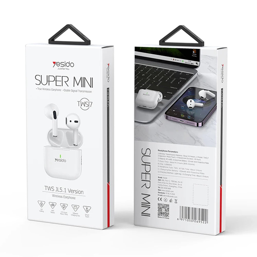 Casti Yesido (TWS17), with Bluetooth V5.1, Half-In-ear Design, 200mAh, Type-C, Alb
