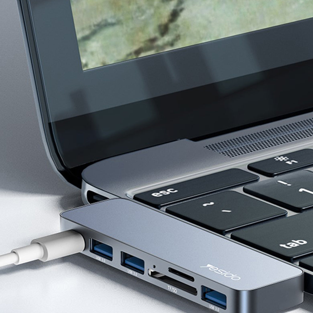 Hub/Dock Yesido Docking Station 6in1 (HB10), 2x Type-C to 3x USB, USB-C, SD/TF, 6in1 Splitter, Fast Charging, 96W, 5Gbps, Gri
