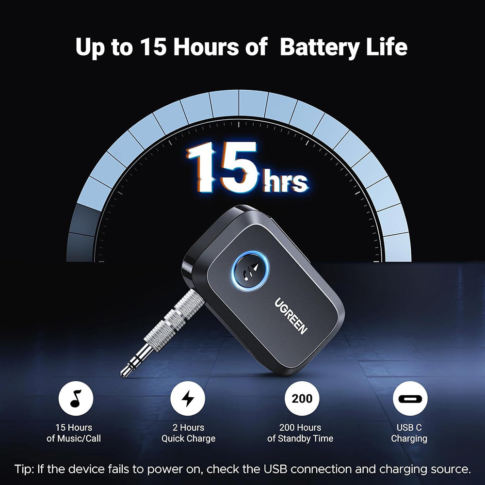 Adaptor Ugreen Bluetooth Audio Receiver (CM596), for Car, Audio Adapter 3.5mm with Built-in Microphone, EDR, Bluetooth 5.3, Negru