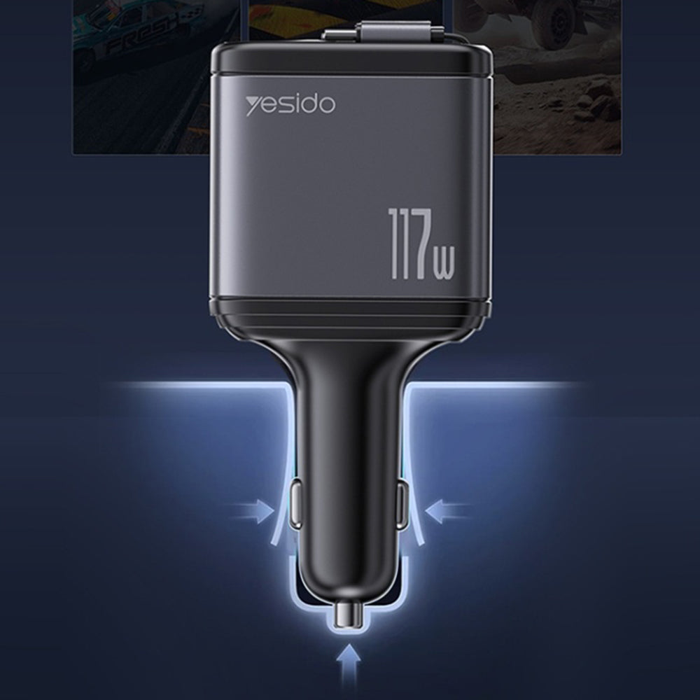 Incarcator Yesido 4in1 Car (Y63), with 2x Retractable Cable, LED Ambient Light, Fast Charging, 117W, Gri