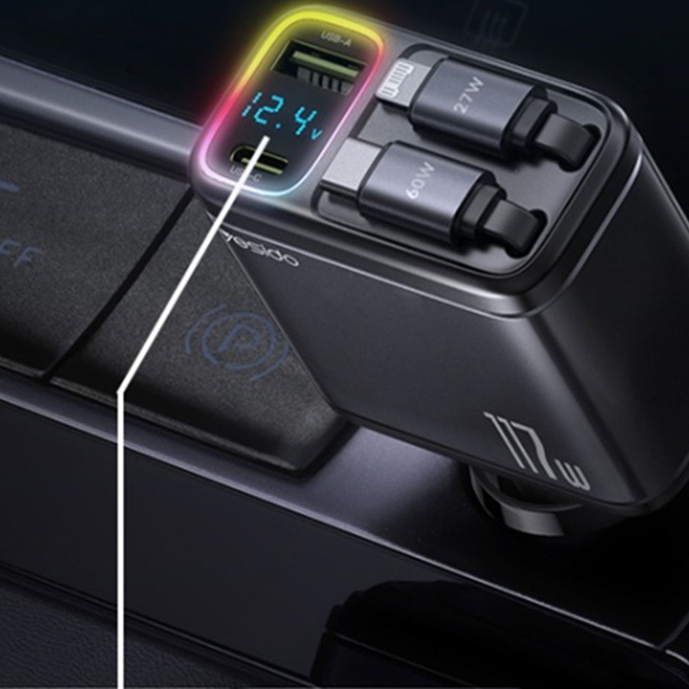 Incarcator Yesido 4in1 Car (Y63), with 2x Retractable Cable, LED Ambient Light, Fast Charging, 117W, Gri