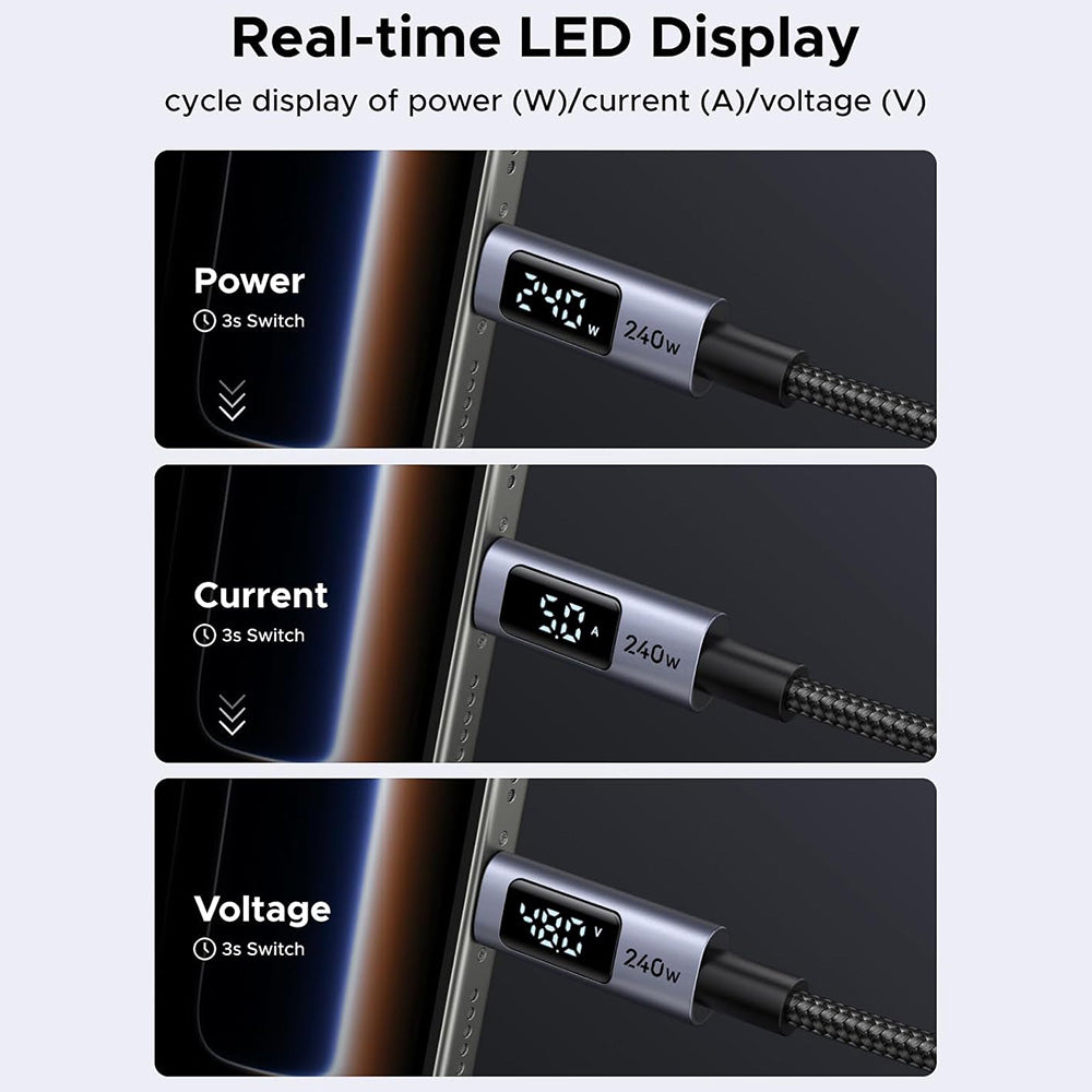 Cablu Ugreen (65866), Type-C to Type-C, Fast Charging, LED Display, 240W, 48V/5A, 480Mbps, Nylon Braided, 1m, Gri