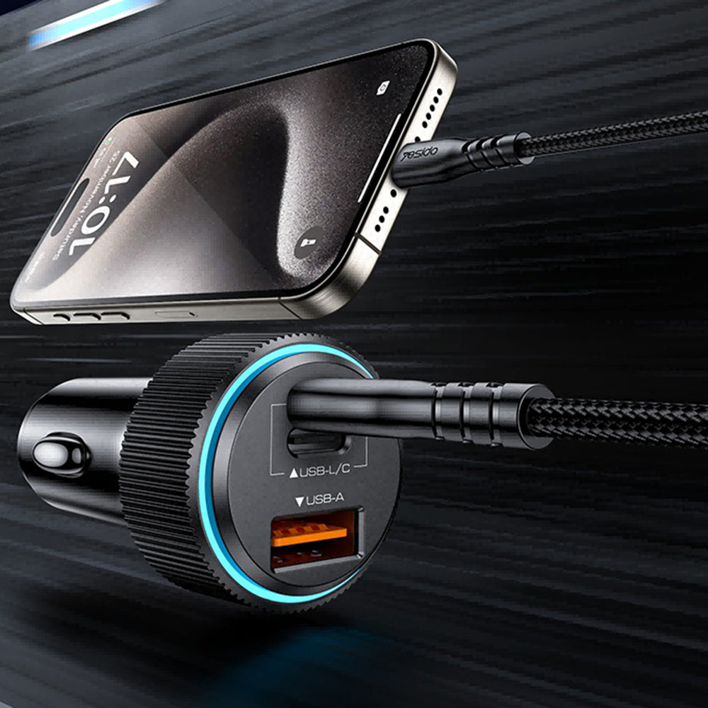 Incarcator Yesido Car (Y60), Cable Type-C to Lightning Included, Lightning/USB-A/USB-C Ports, 38W, Fast Charging, Negru