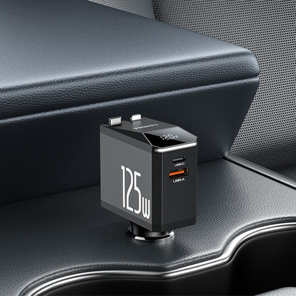 Incarcator Yesido 4in1 Car (Y71), with Type-C Retractable Cable + Lightning Adapter, Dual Port USB-A + Type-C, 125W, LED Display, Negru