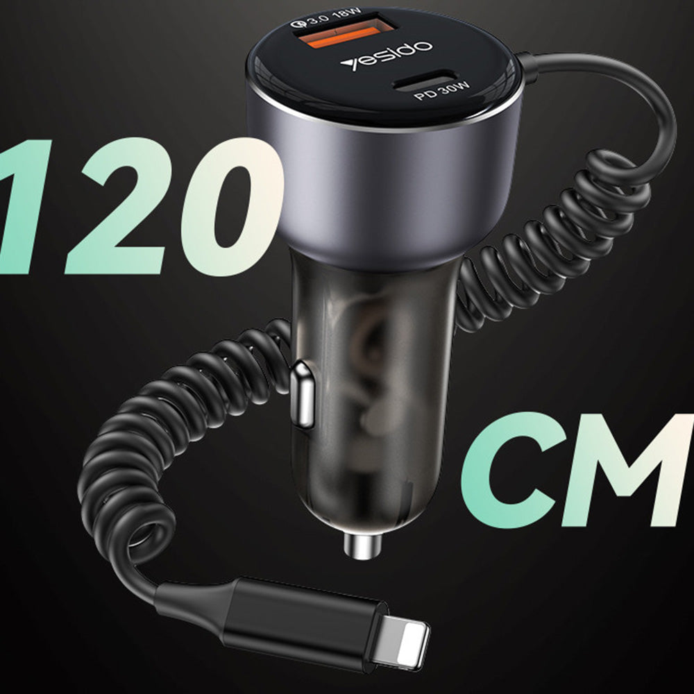 Incarcator Yesido Car (Y57), with Lightning Spring Cable, Type-C/USB-A Ports, 50W, Fast Charging, Negru