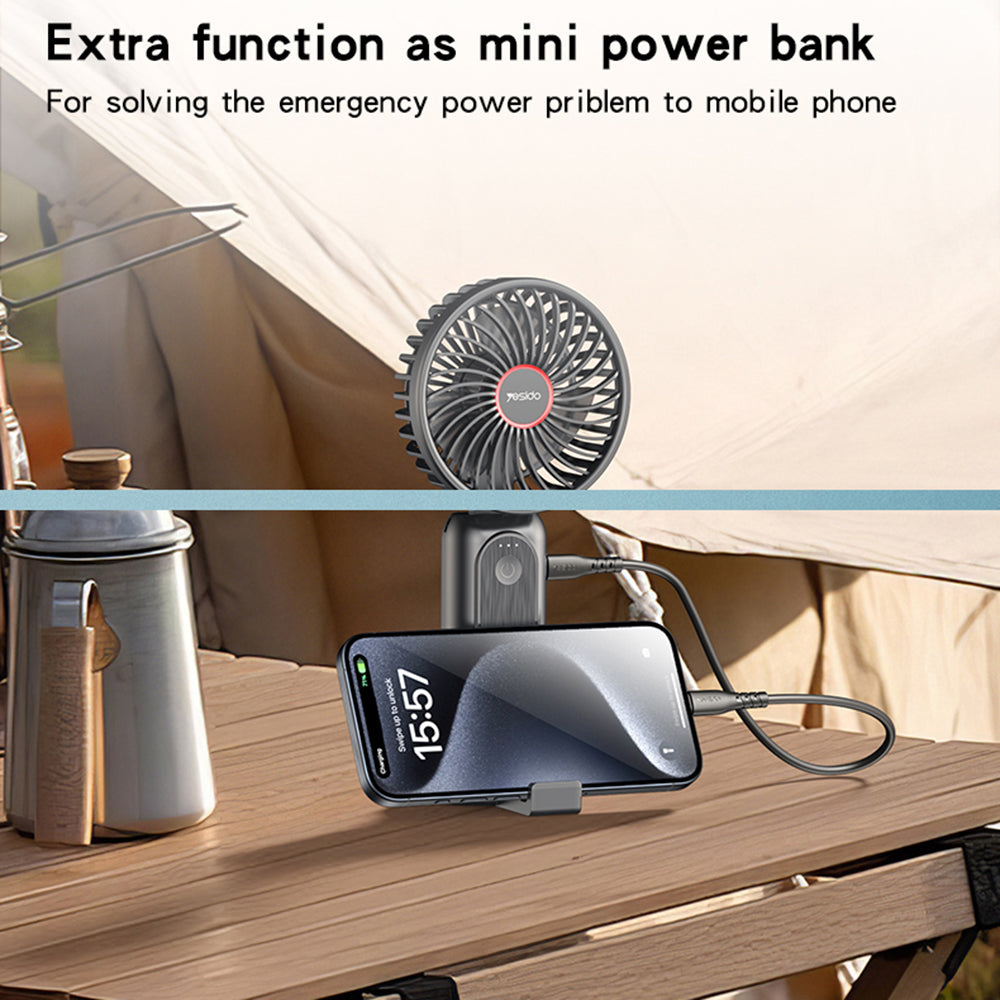 Yesido Mini Handheld Fan (YF10), Power Bank, Foldable, 3 Speed Levels, Phone Holder, 4000mAh, Type-C, Negru