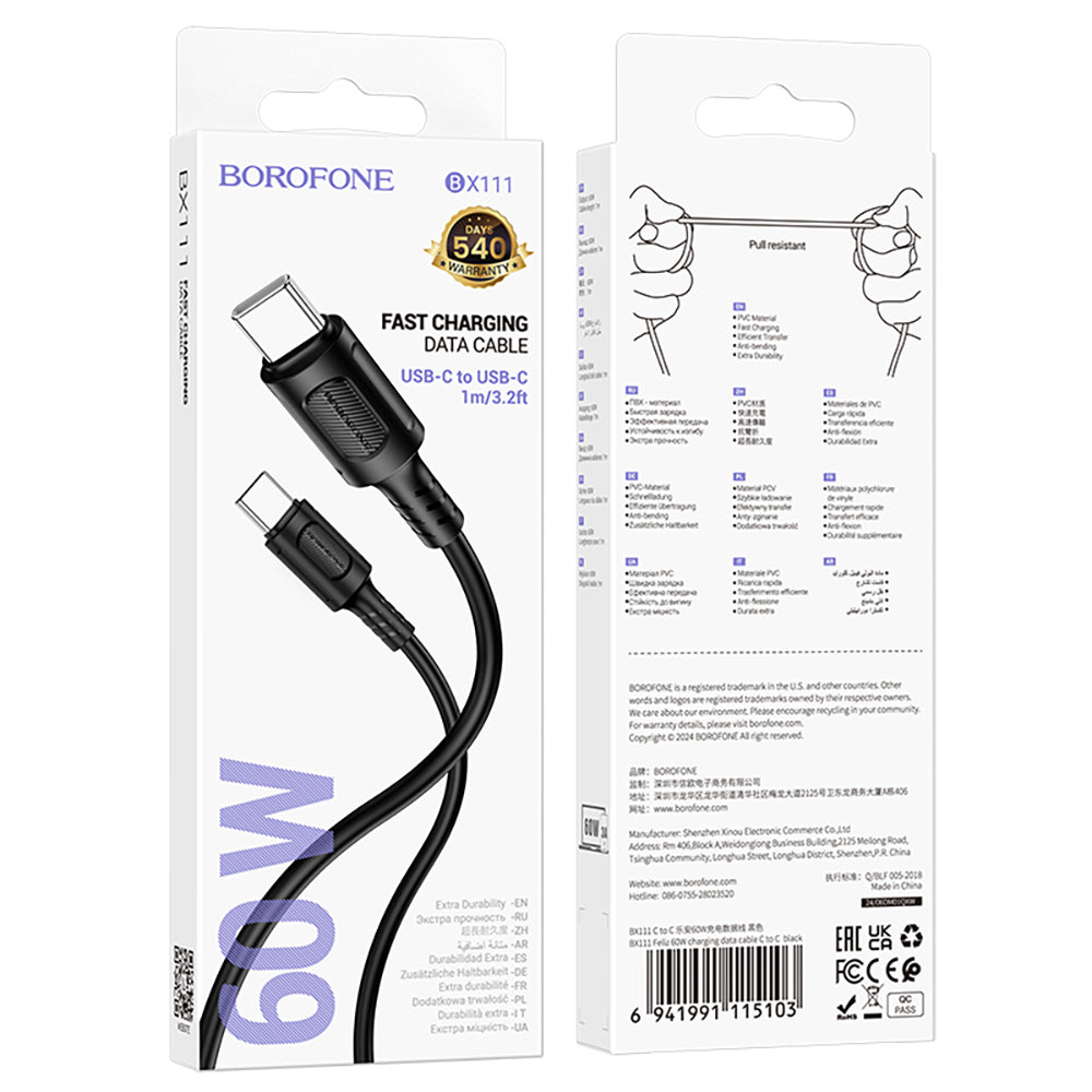 Cablu Borofone Feliz Series (BX111), Type-C to Type-C, PVC, Universal, 60W, 3A, 1m, Negru