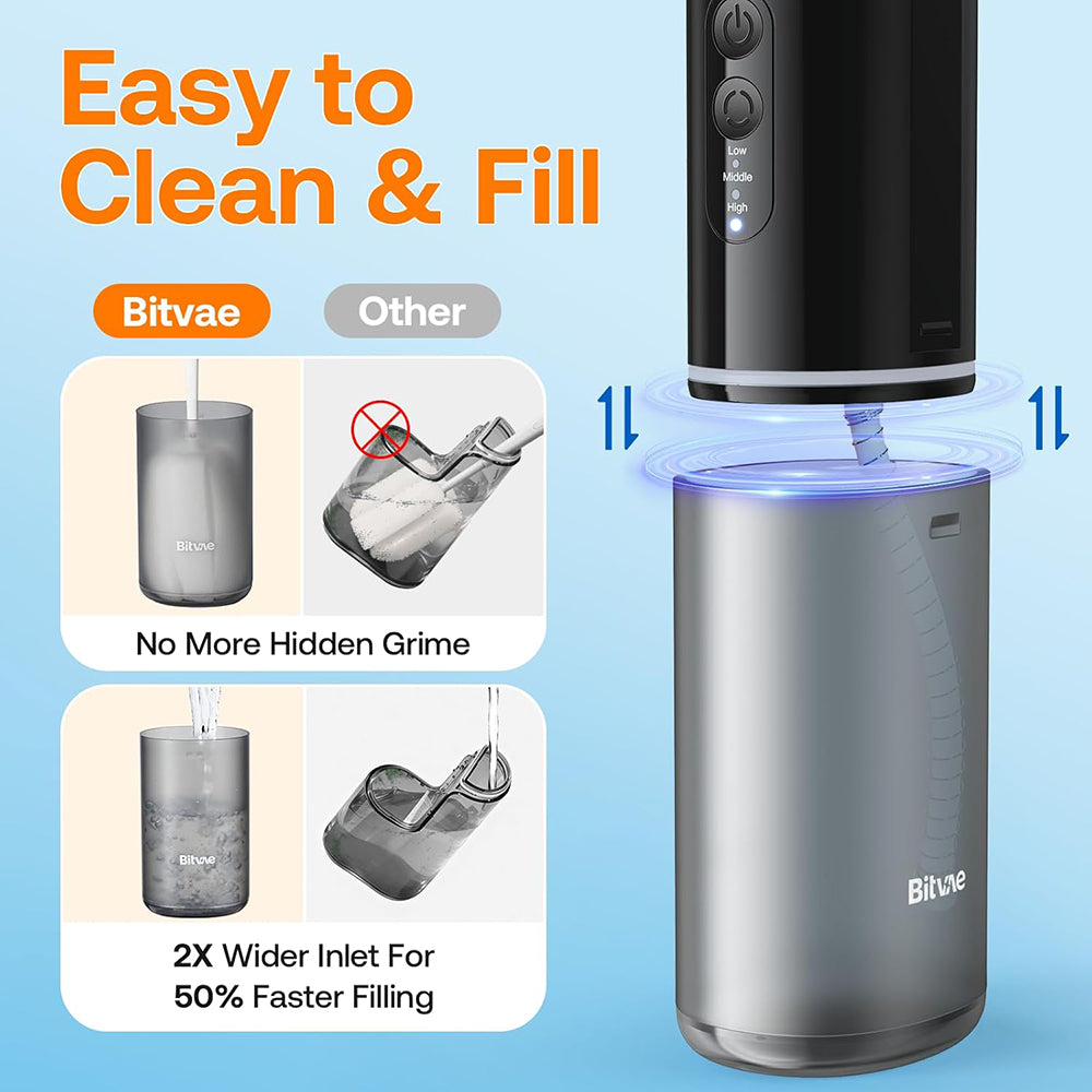 Bitvae Water Flosser P1 (BVP1), with Telescopic Water Tank, 4x 360° Rotating Nozzle, for Sensitive Teeth, IPX7, Negru