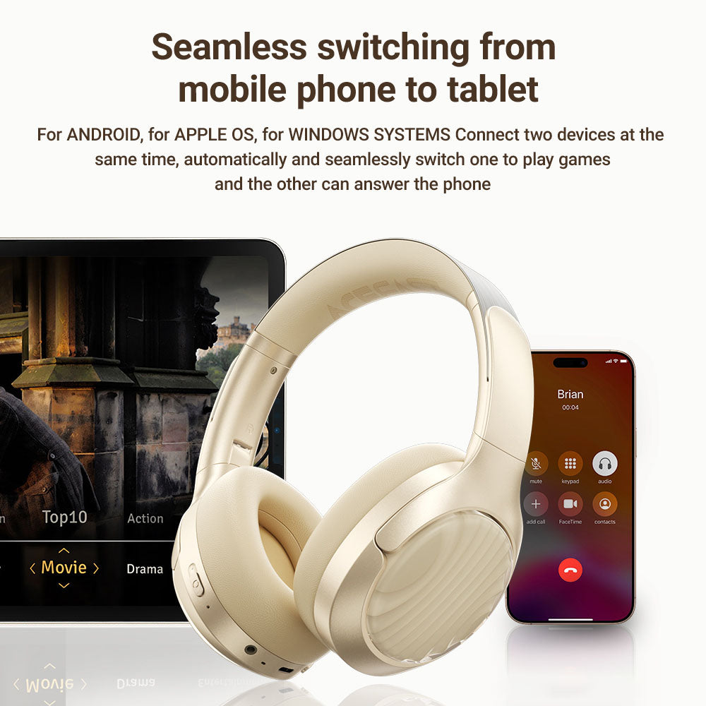 Casti Acefast Wireless Headset (H5), Type-C, Bluetooth 5.4, ANC, Noise Reduction, 3D Sense, 500mAh, Professional Hi-Fi, Alb