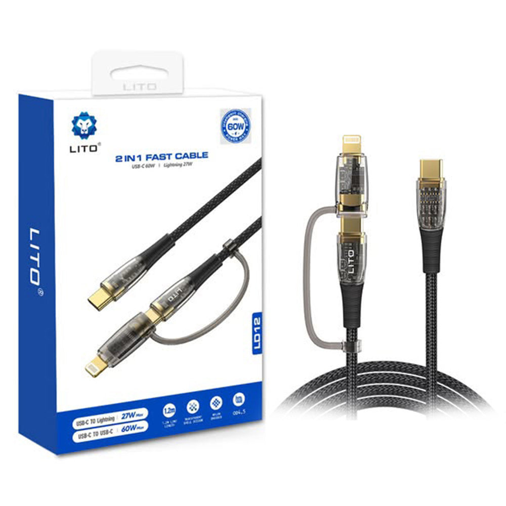Cablu Lito Transparent 2in1 (LD12), Type-C to Type-C, Lightning, Fast Charge, Braided, Anti-oxidant, Negru