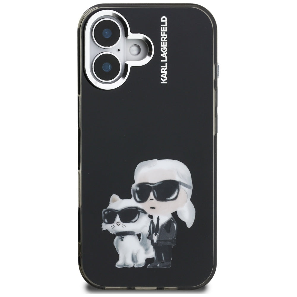 Husă de protecție Karl Lagerfeld IML Aquarelle Karl & Choupette pentru iPhone 16, neagră