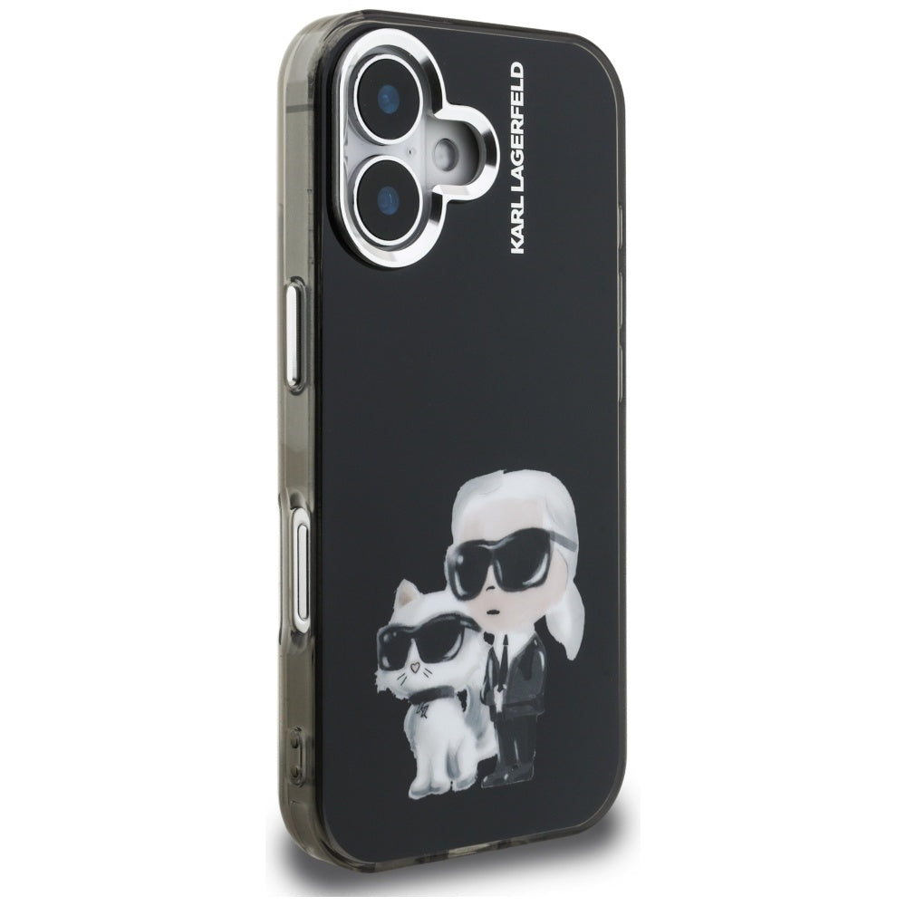 Husă de protecție Karl Lagerfeld IML Aquarelle Karl & Choupette pentru iPhone 16, neagră