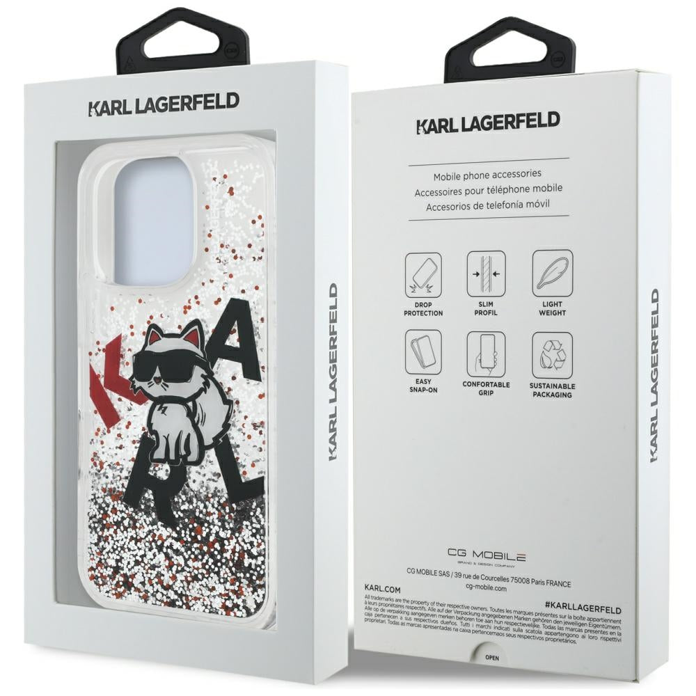 Husa de protectie Karl Lagerfeld Liquid Glitter Choupette Logo MagSafe (KLHCP16XLCHSCTDT) compatibil cu iPhone 16 Pro Max, Transparent