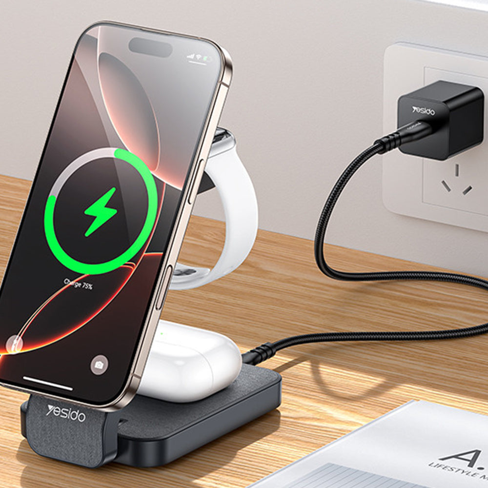 Incarcator Yesido Wireless Charging Station (DS26), Magnetic, for Phone, Watch, Earbuds, Foldable, Stand, Night Light, 15W, Gri