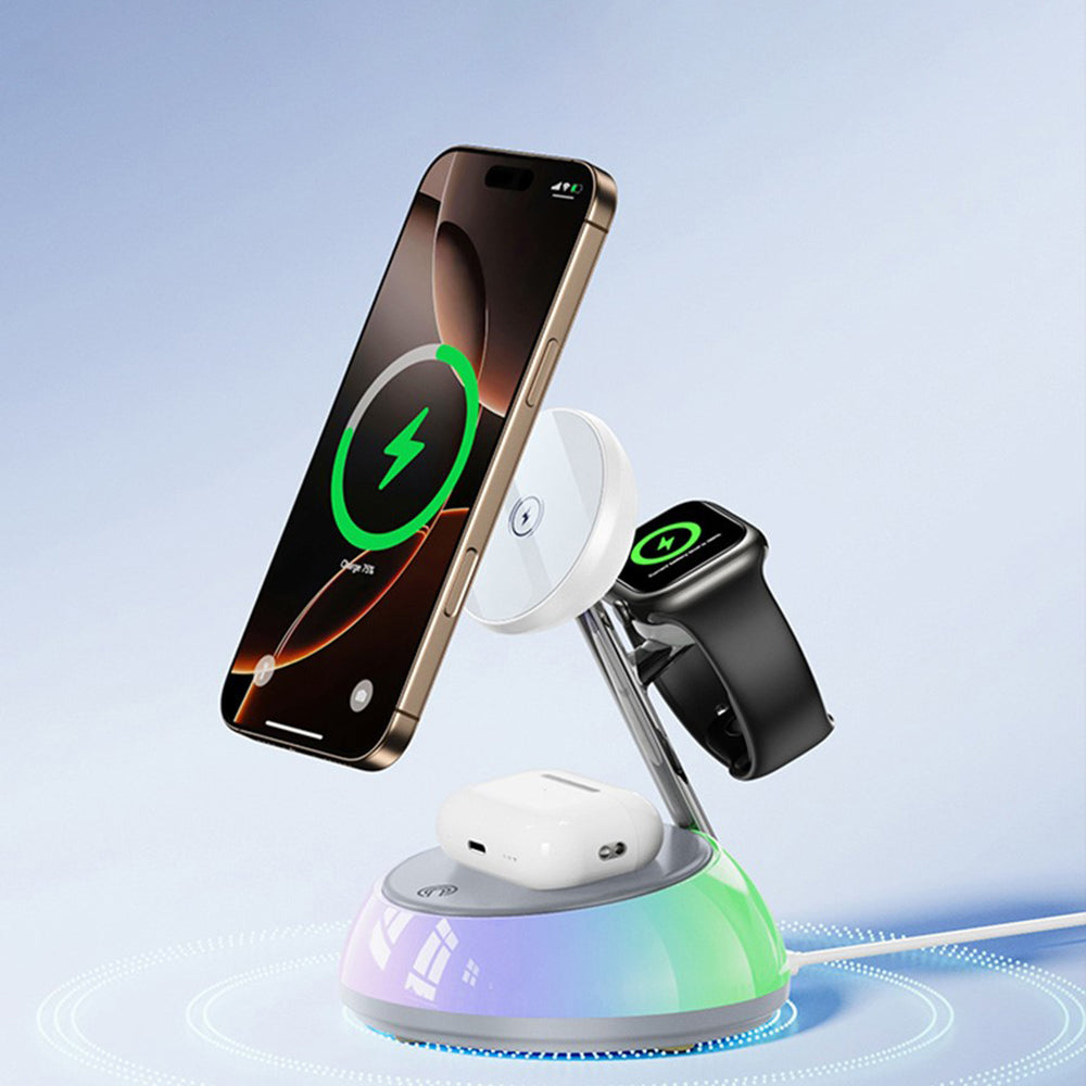 Incarcator Yesido Wireless Charging Station 3in1 (DS31), for iPhone, Apple Watch, AirPods, Magnetic Grip, RGB Lighting, Alb