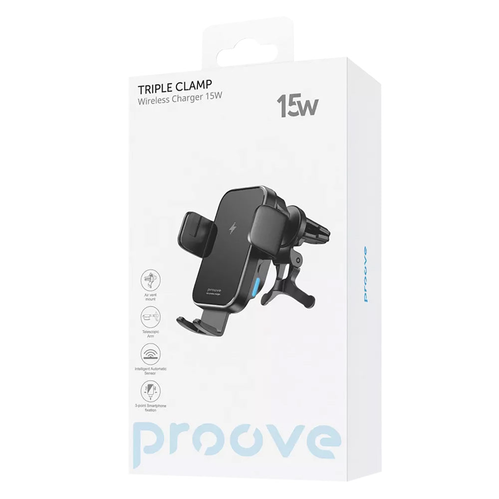 Suport Proove with Wireless Charging Triple Clamp (WHTC15010001), for Air Vent, Automatic Arms, 15W, 4.0"-6.9", Negru
