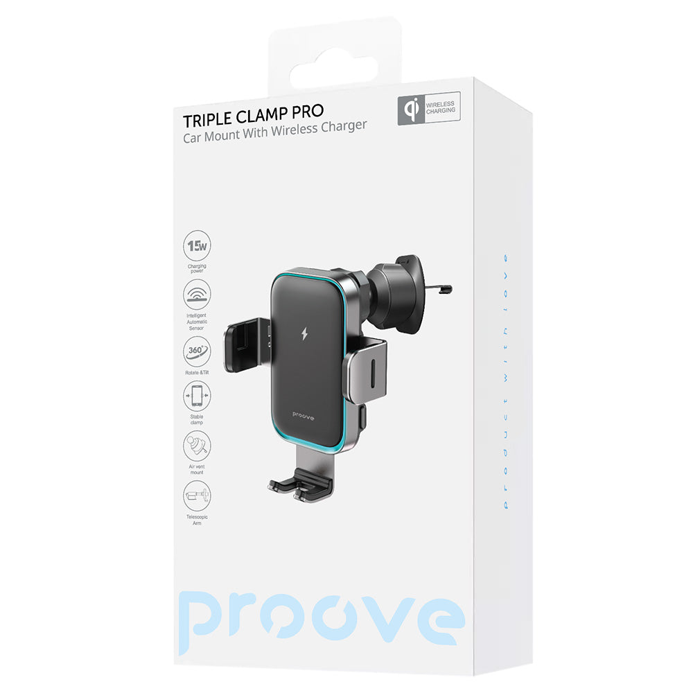 Suport Proove with Wireless Charging Triple Clamp Pro (WHTP15010004), 2in1 Mount, Automatic, LED, Qi2 15W, Metal Grey
