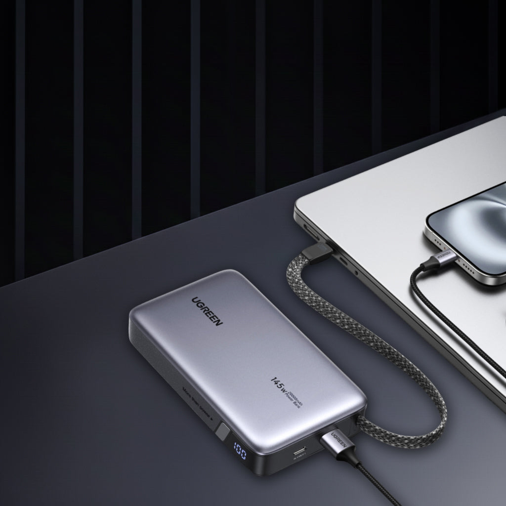 Baterie externa Ugreen PB551 (55992B), Fast Charging, Digital Display, USB, Type-C, Built-In USB-C Cable, 145W, 20000mAh, Gri