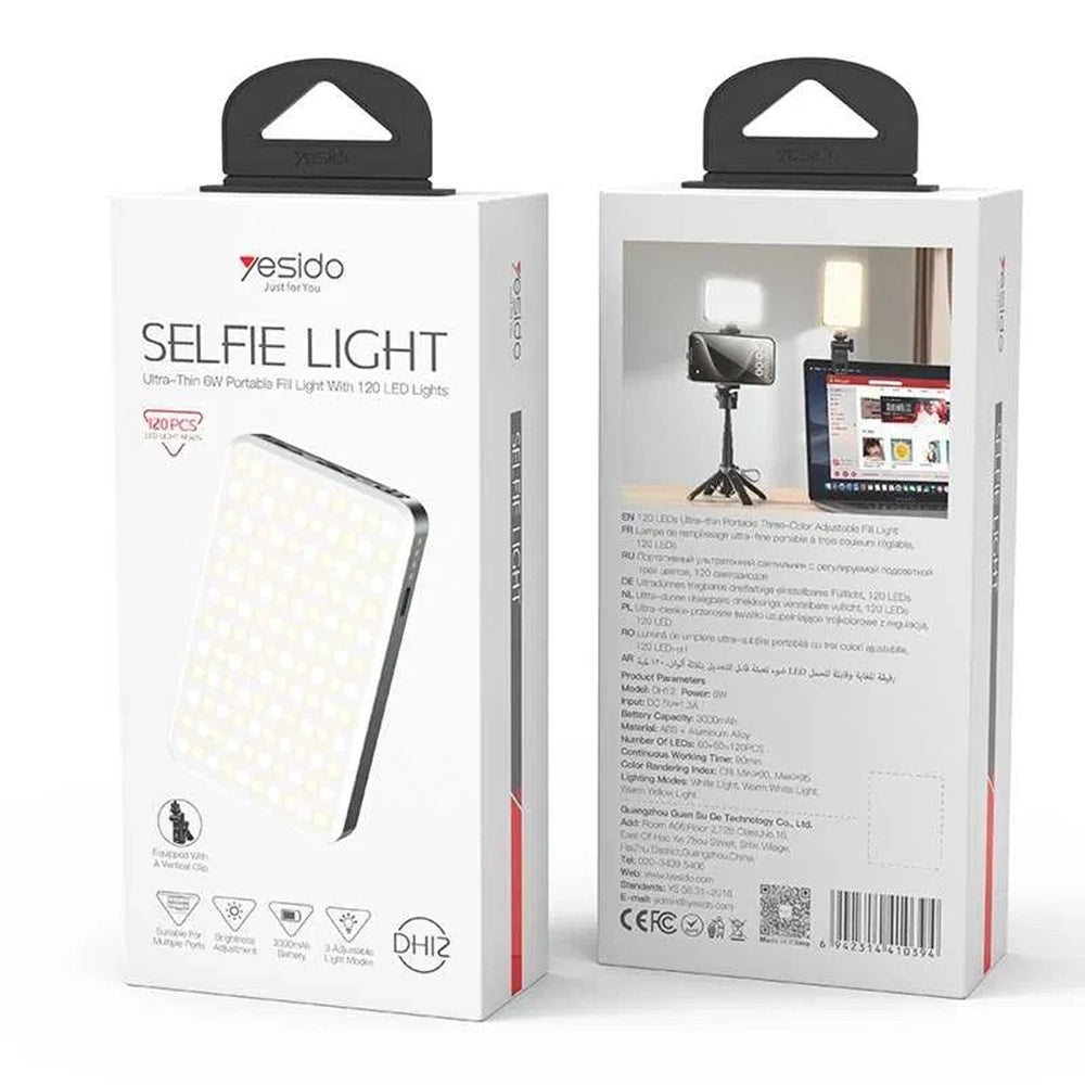 Suport Yesido Selfie Light (DH12), USB-C, 3000mAh, 6W, 120 LED, with Clip-on Design, Negru