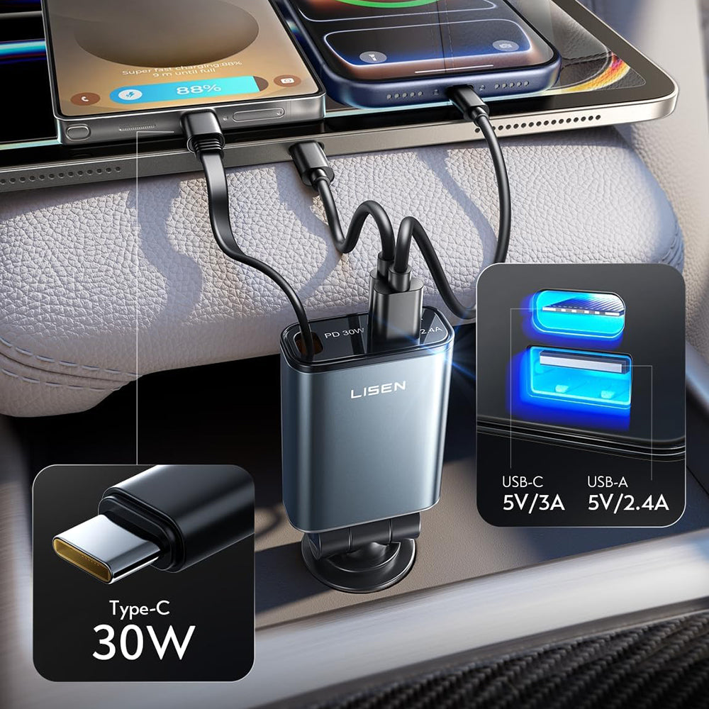 Incarcator Lisen Car (YL0325010016), 3in1, with Type-C Retractable Cable, 57W, Aluminum Alloy, 12V/24V, Negru