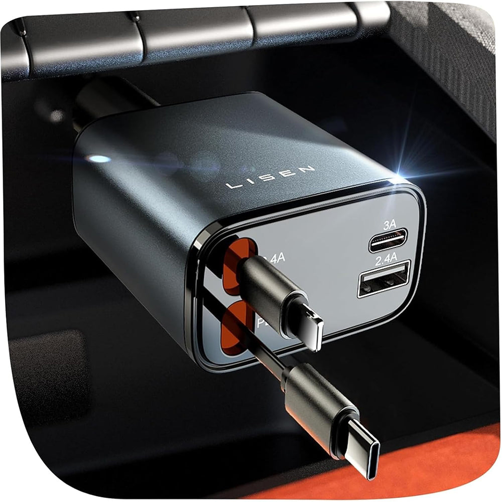 Incarcator Lisen Car (YL0224040031), 4in1, USB, Type-C, with USB-C, Lightning Retractable Cable, Aluminum Alloy, Negru