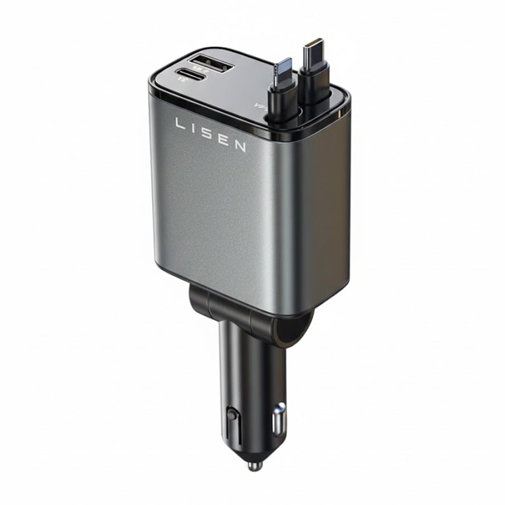 Incarcator Lisen Car (YL0224040031), 4in1, USB, Type-C, with USB-C, Lightning Retractable Cable, Aluminum Alloy, Negru