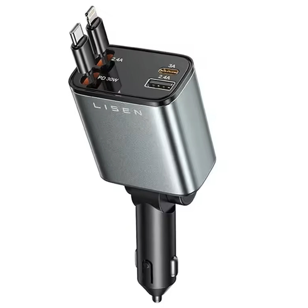 Incarcator Lisen Car (YL0224040031), 4in1, USB, Type-C, with USB-C, Lightning Retractable Cable, Aluminum Alloy, Negru