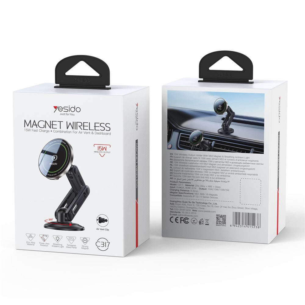Suport Masina cu Alimentare Wireless, Prindere Bord, Ventilatie, 15W - Yesido (C317) - Black