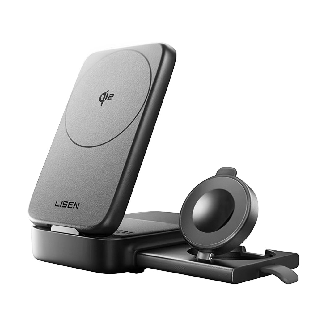 Incarcator Lisen Wireless W106 (YL0424120009), with Wall Charger, MagSafe, Fast Charging, 3in1, Qi2, Foldable, 15W, Gri