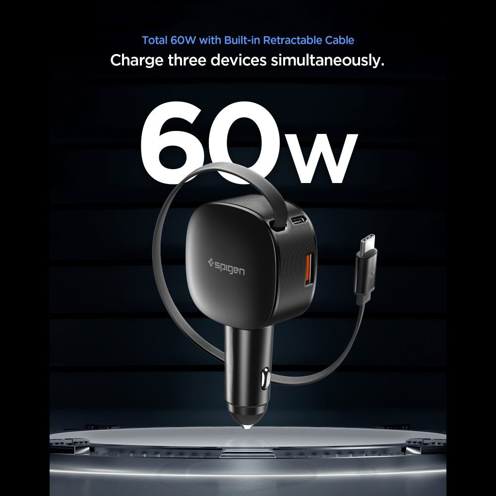 Incarcator Spigen Car Essential EV603BT (ACP10515), 3in1, USB, 2x Type-C, Built-in Retractable Cable, Fast Charging, 60W, 72cm, Negru