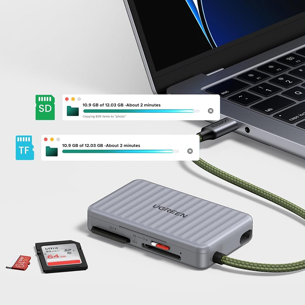 Stocare Ugreen Card Reader (55886), Type-C to 2x SD, TF Card, Dual Connector, 170MB/s, Plug&Play, Built-in Cable, Gri