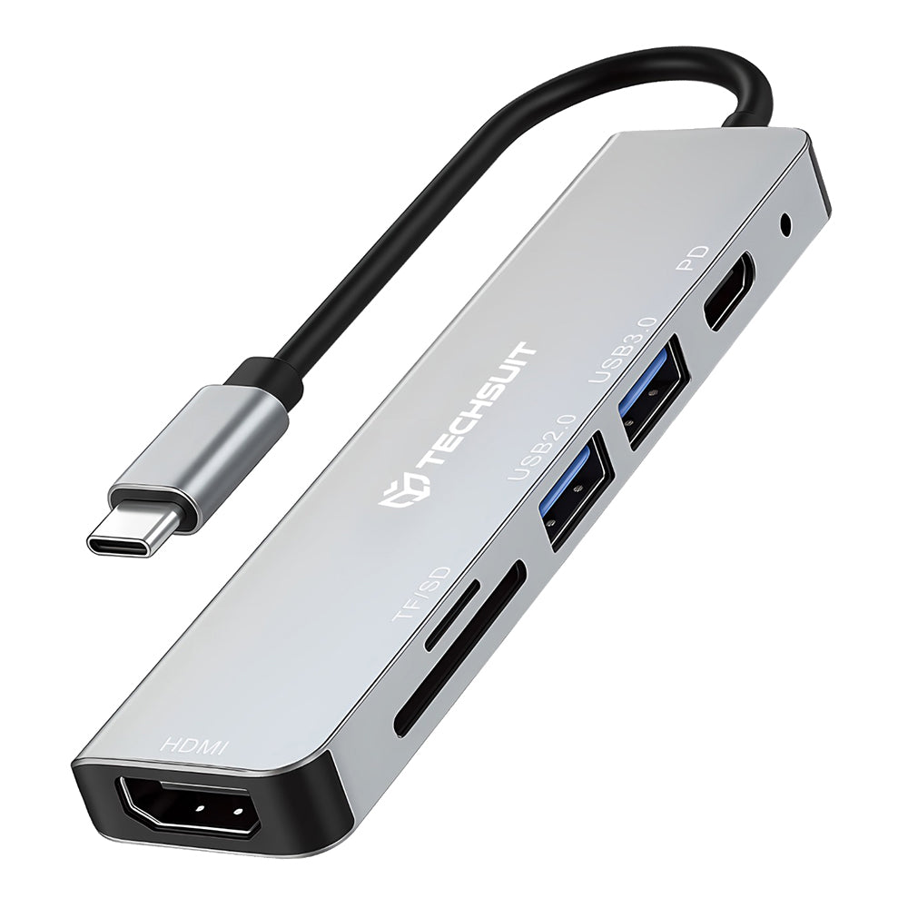 Hub/Dock Techsuit Docking Station TurboChargeX 6 in 1 (H5), Type-C to 2x USB, Type-C, HDMI, TF/SD Card, PD100W, 4K@30Hz, Gri