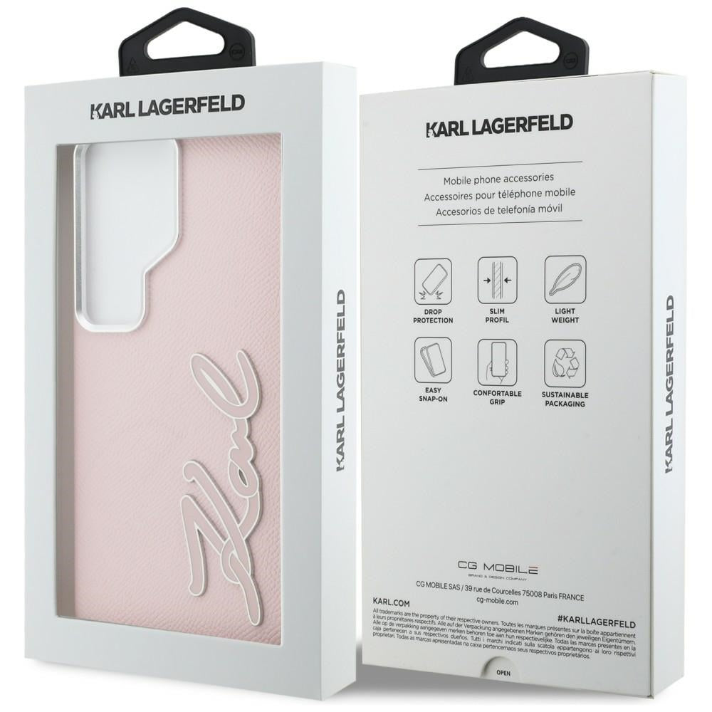 Husa de protectie Karl Lagerfeld Full Wrapped Grained Leather with Signature Resin Logo (KLHCS26LPGFKSRSP) compatibil cu Samsung Galaxy S26 Ultra, Roz