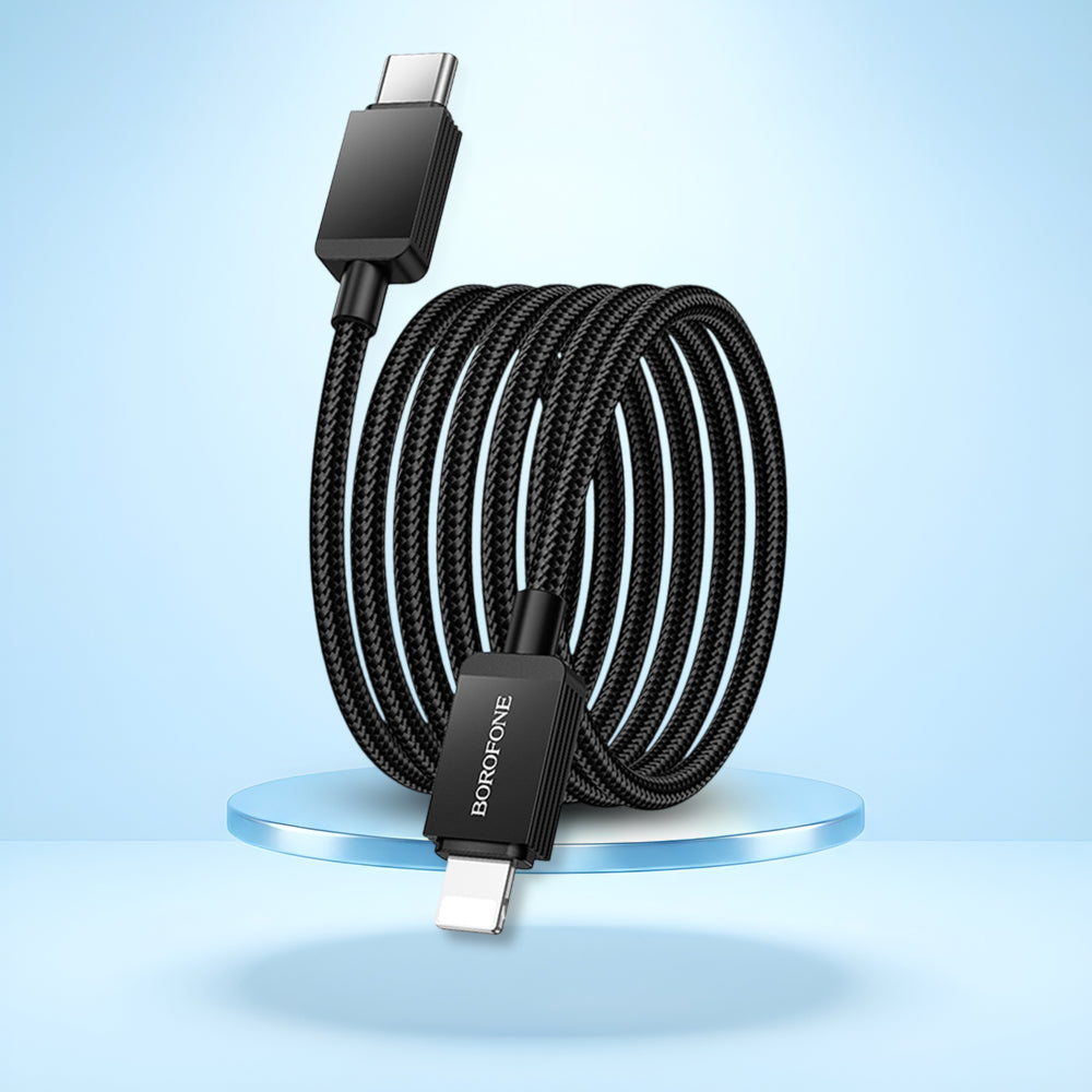 Cablu Borofone Placer Series (BX120), Type-C to Lightning, Aluminum Alloy Shell, Nylon Braided Cable, 27W, 1m, Negru
