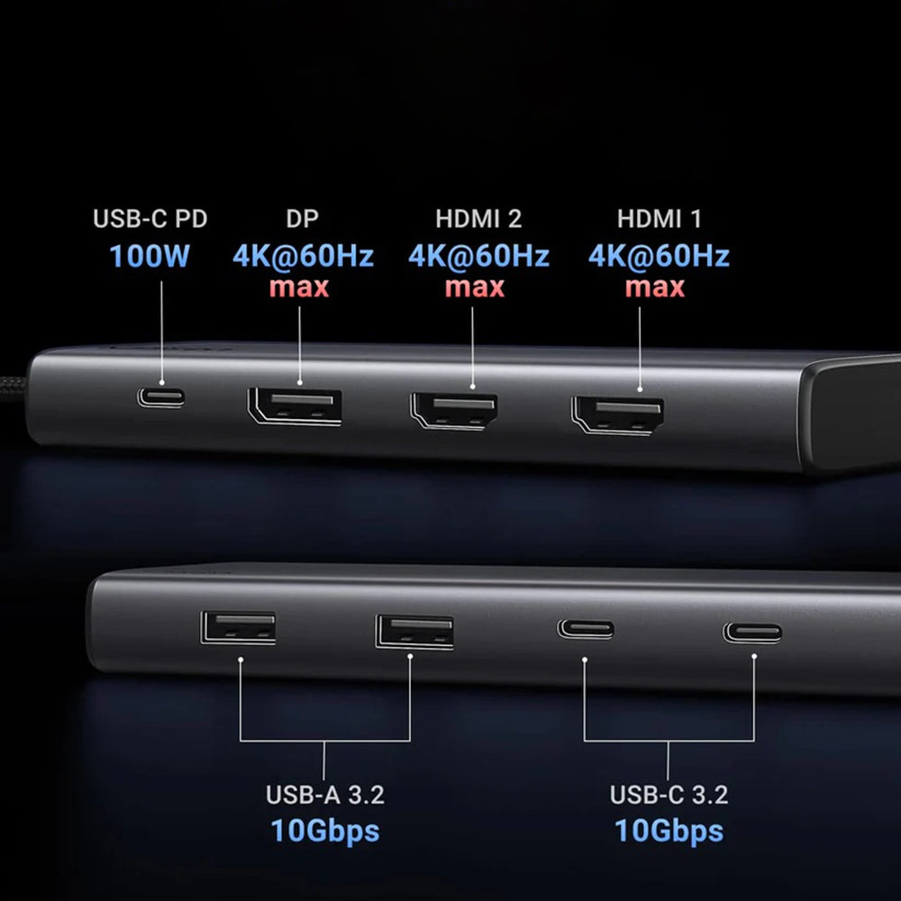 Hub Ugreen CM639 (35625), 2x USB / 3x USB-C / 2x HDMI / DP, 4K@30Hz / PD100W, Negru