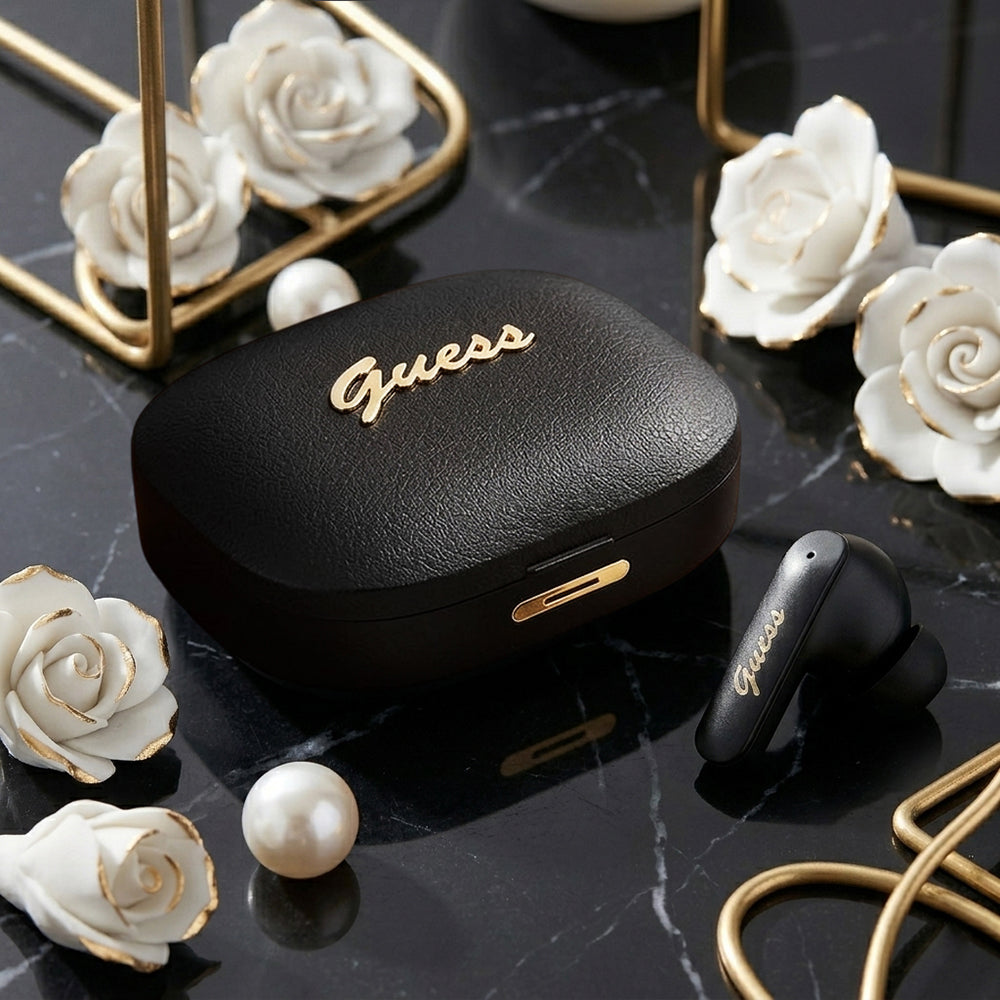 Casti Guess Script Metal Logo (GUTWSX45PGSH), Bluetooth V5.4, TWS, with Microphone, Type-C, 400mAh, Alb