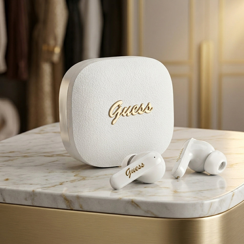 Casti Guess Script Metal Logo (GUTWSX45PGSH), Bluetooth V5.4, TWS, with Microphone, Type-C, 400mAh, Alb