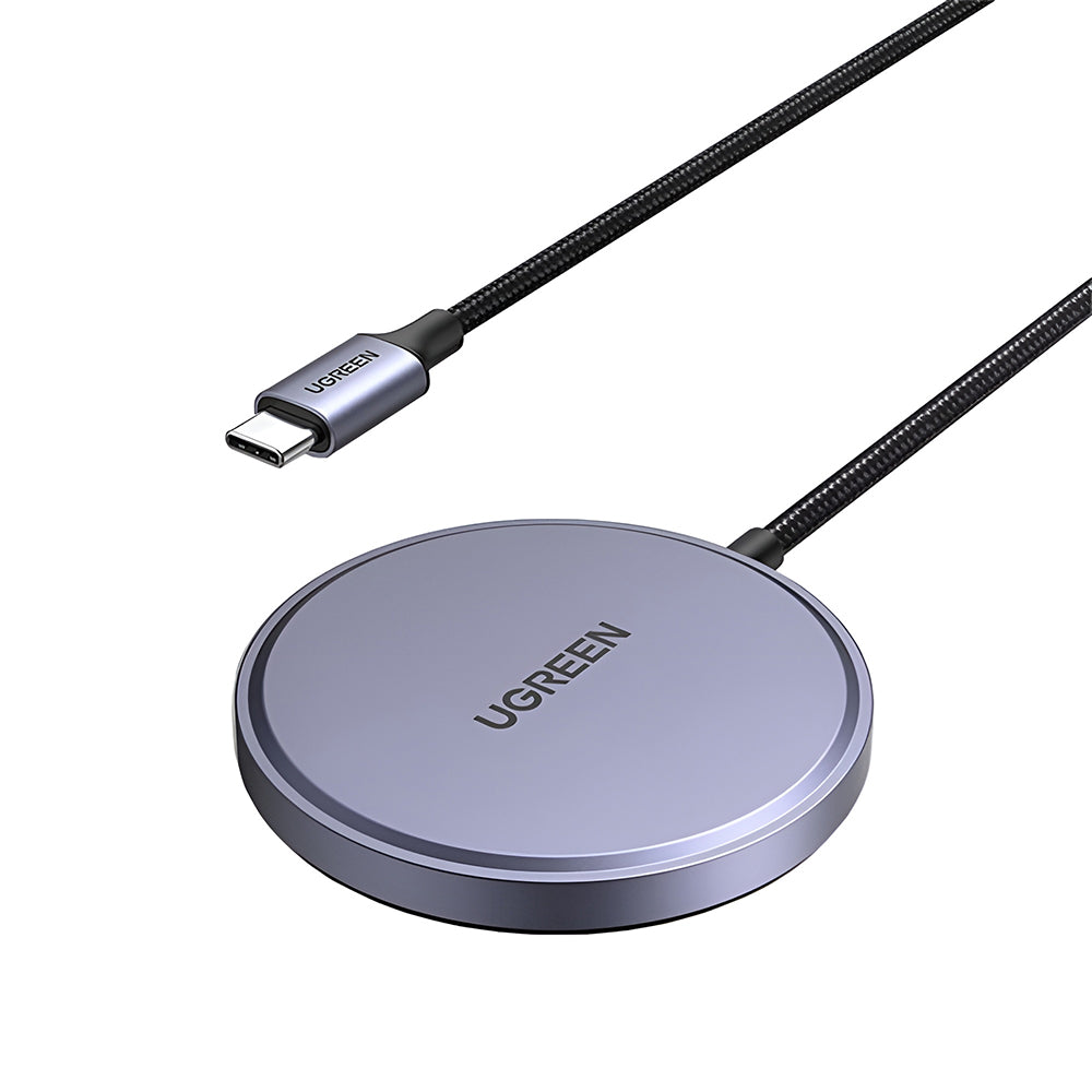 Incarcator Ugreen Magnetic Wireless W703 (55206), Fast Charge, Universal, Qi2, 15W, 360°, Built-in Type-C Cable, 1.5m, Gri