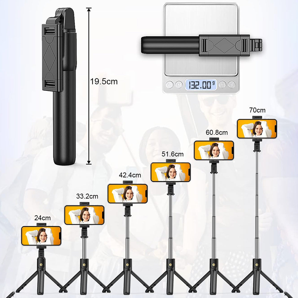 Suport Techsuit Selfie Stick (K07), Compact Tripod Mount with Bluetooth Remote Control, Foldable, 70cm, Negru