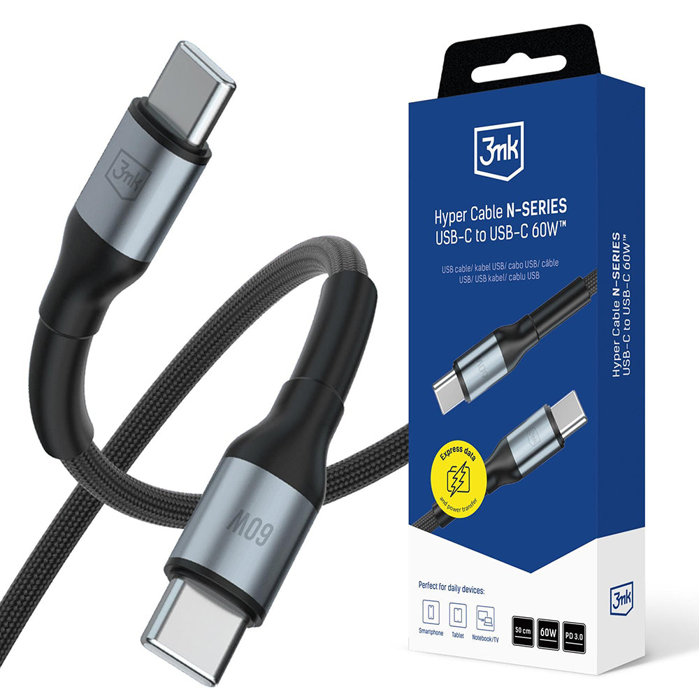 Cablu 3mk Hyper N-Series, USB-C, 60W, 50cm, Negru