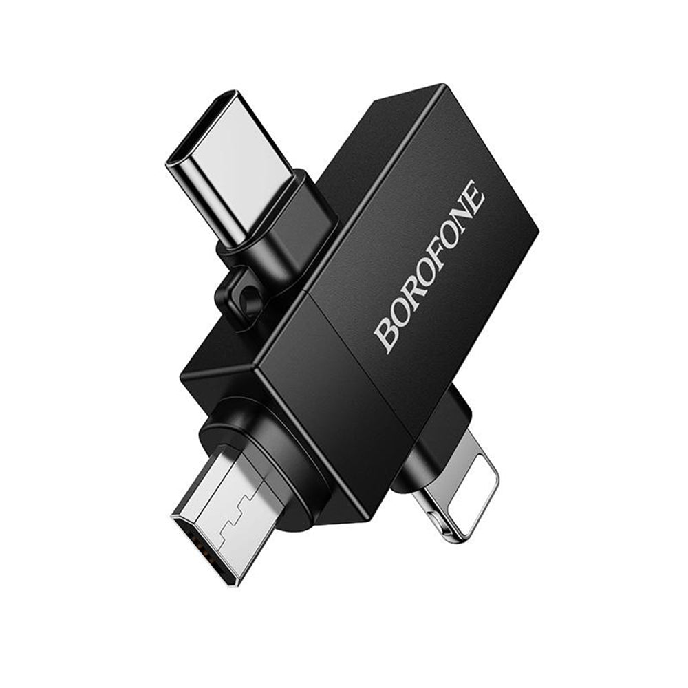 Adaptor Borofone 3in1 (BV26D), Lightning / Type-C / Micro-USB la USB 2.0, 1.5A, Negru