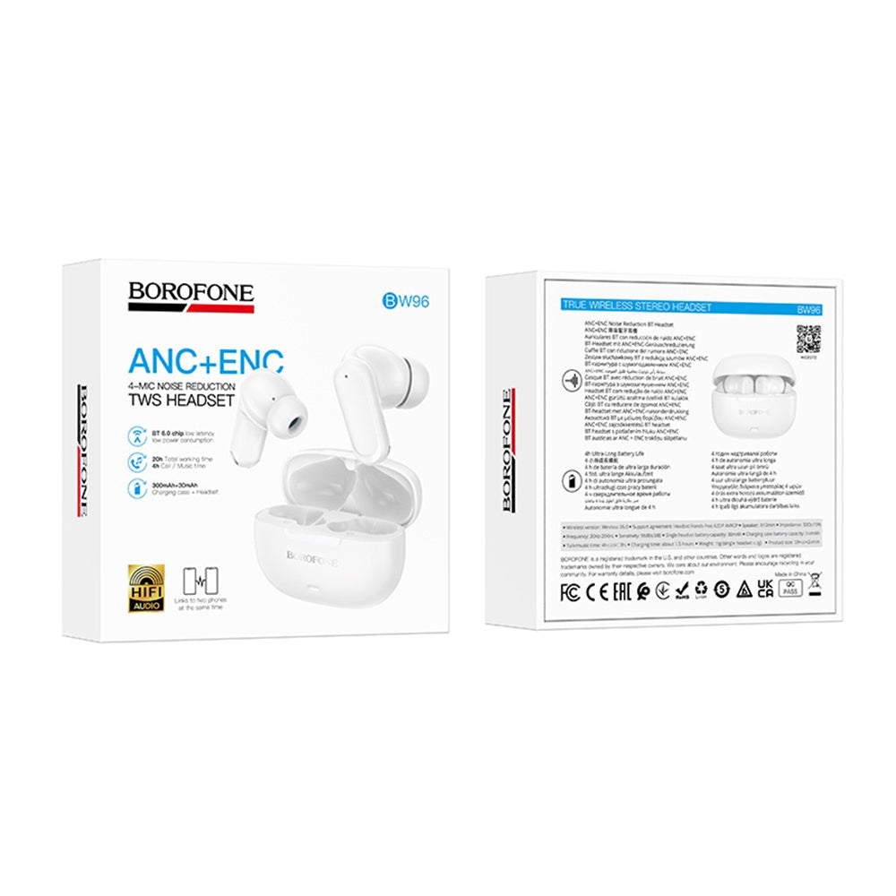 Casti Borofone Mellow (BW96), Bluetooth V6.0, ANC + ENC, Alb