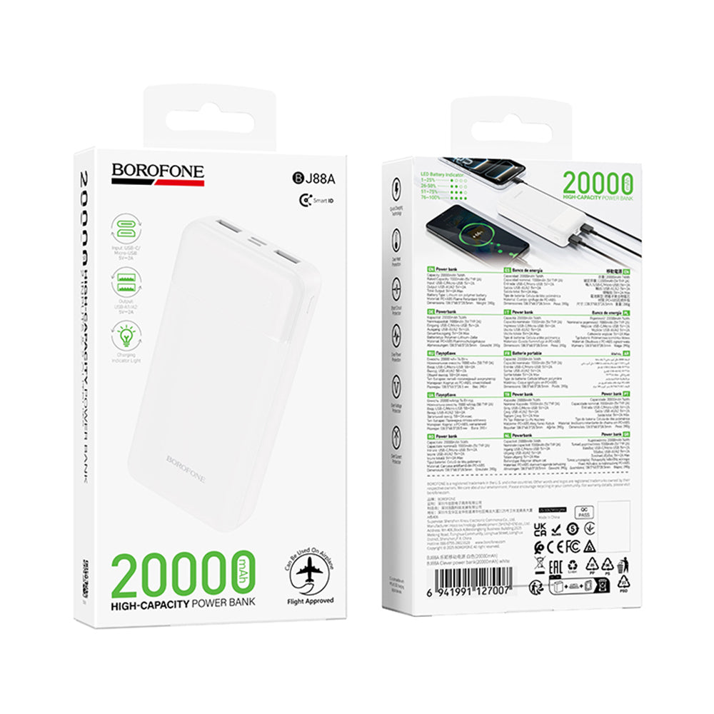 Baterie externa Borofone Clever (BJ88A), 20000mAh, 2x USB-A, USB-C & Micro-USB, Alb